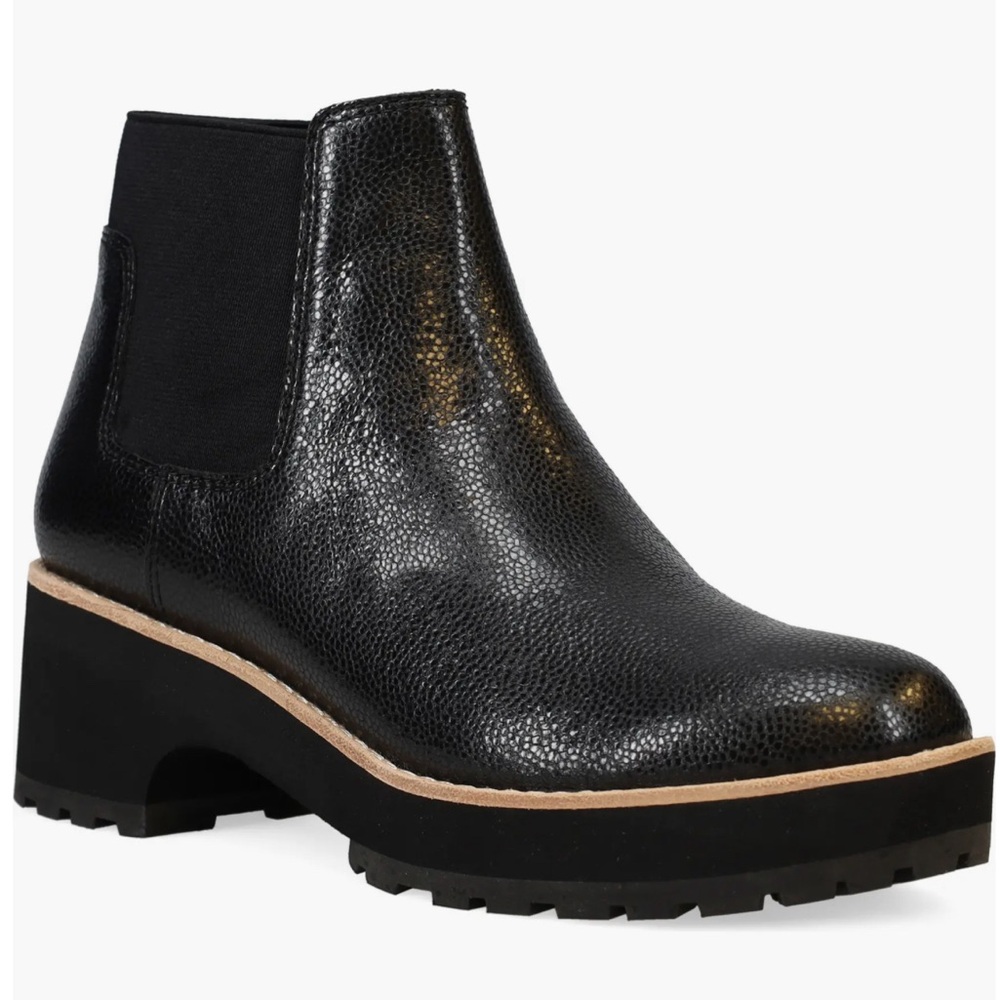 Eileen Fisher Black Pebbled Leather Chelsea Boot with Lug Sole